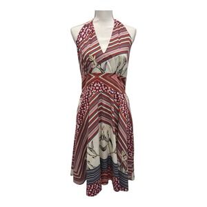 Alexia Admit Dress Women 12 Red Multi Halter Backless Striped Floral Lined Flare